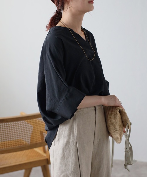 ＆HALF 「＆HALF」 「noa-ge」7分袖ブラウス FREE ネイビー