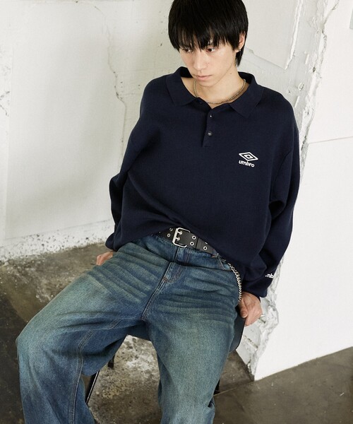 超希少‼️UMBRO ラグラン 刺繍 ニット ツートン 90s Ｌ相当1302 umbro セーター ニット KNIT POLO SWEATER/ニットポロセーター
