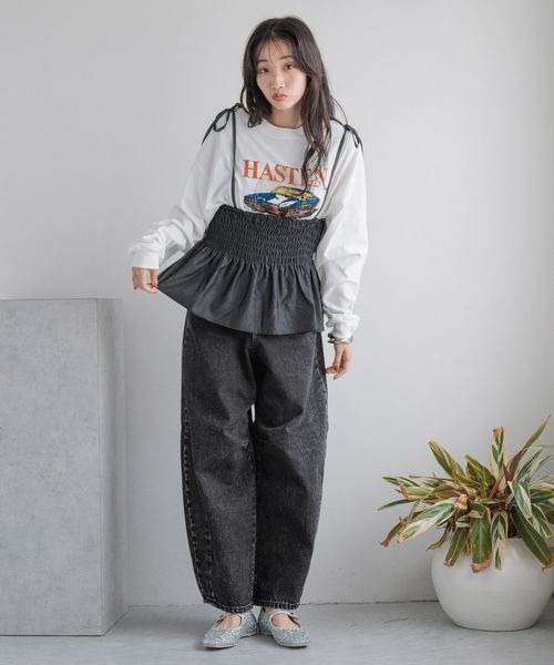 [LOWRYS FARM] обработка Denim брюки LARGE черный женский 