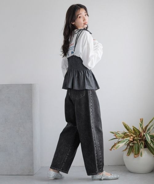 [LOWRYS FARM] обработка Denim брюки LARGE черный женский 
