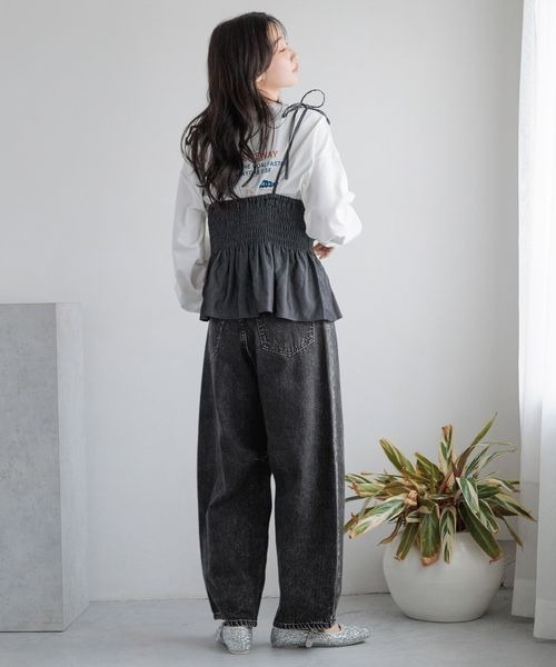 [LOWRYS FARM] обработка Denim брюки LARGE черный женский 