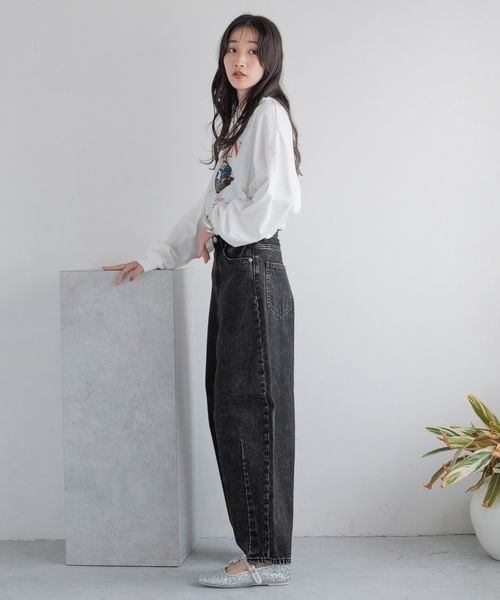 [LOWRYS FARM] обработка Denim брюки LARGE черный женский 