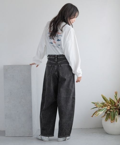 [LOWRYS FARM] обработка Denim брюки LARGE черный женский 