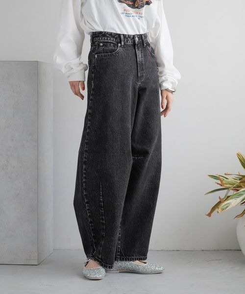 [LOWRYS FARM] обработка Denim брюки LARGE черный женский 