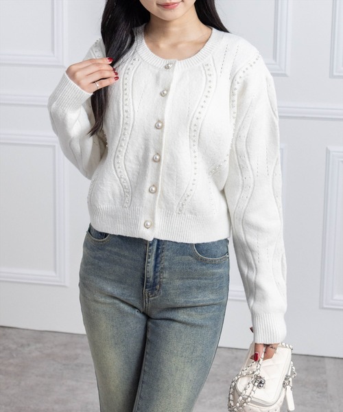 CLEAR BASIC カーディガン パールデザイン長袖ニットカーディガン