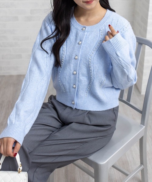 CLEAR BASIC カーディガン パールデザイン長袖ニットカーディガン