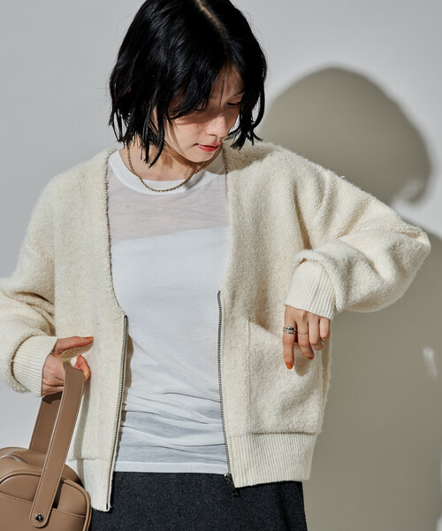 Curensology ブークレニットジップカーディガン美品 Curensology(カレンソロジー)/ブークレニットジップカーディガン