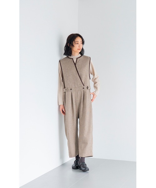 D サロペット オーバーオール ポリエステルツイードのサロペットパンツ