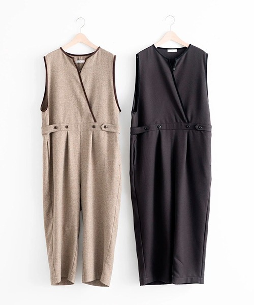 D サロペット オーバーオール ポリエステルツイードのサロペットパンツ