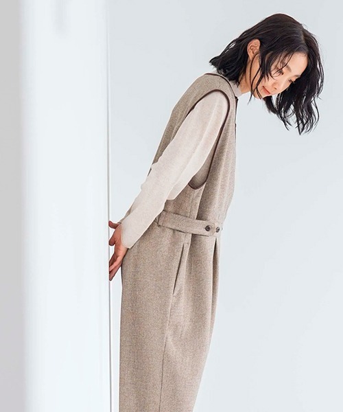 D サロペット オーバーオール ポリエステルツイードのサロペットパンツ