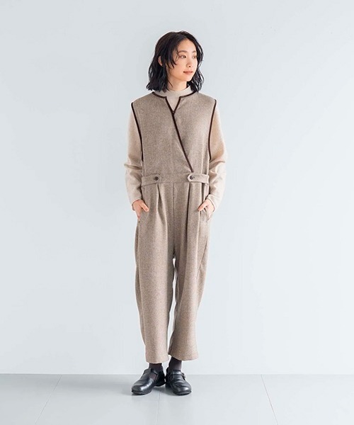 D サロペット オーバーオール ポリエステルツイードのサロペットパンツ