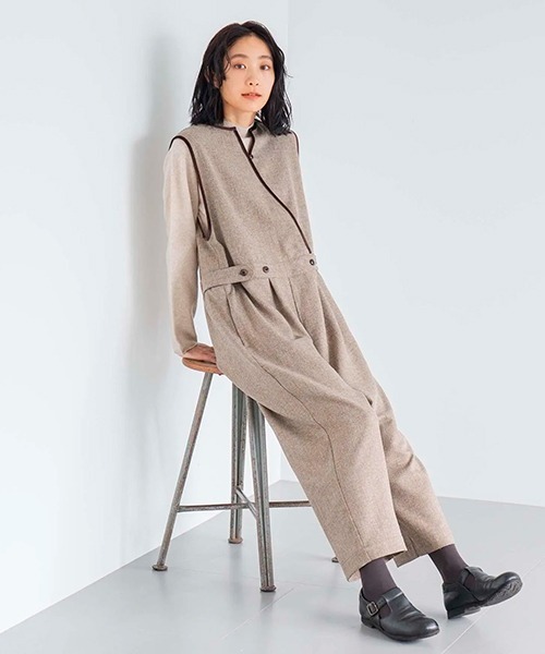 D サロペット オーバーオール ポリエステルツイードのサロペットパンツ