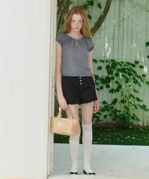 giunon ブラウス　ブラック GIUNON ブラウス シャツ 夏 半袖 2way henley neck blouse / 2way