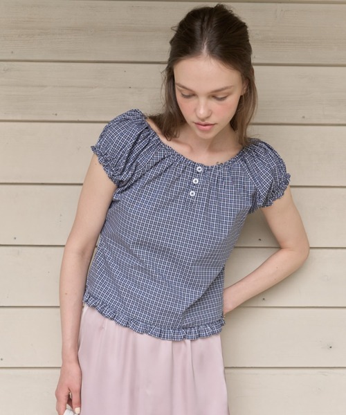 GIUNON ブラウス シャツ 夏 半袖 2way henley neck blouse / 2way 