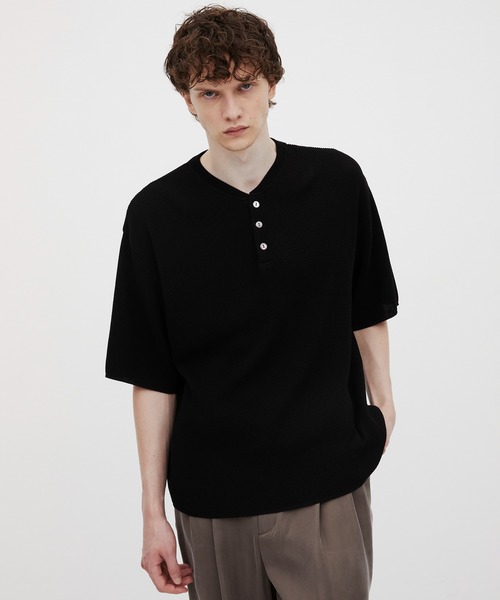 tシャツ 18Gコンパクトコットン ワッフルヘンリーTシャツ メンズの画像