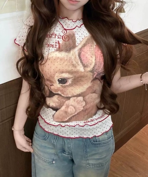 ViViDAY tシャツ 半袖 フロントウサギプリント ドット柄シアートップス