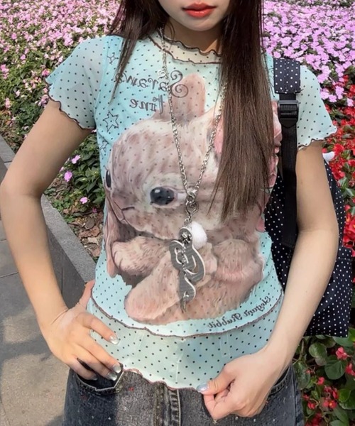 ViViDAY tシャツ 半袖 フロントウサギプリント ドット柄シアートップス