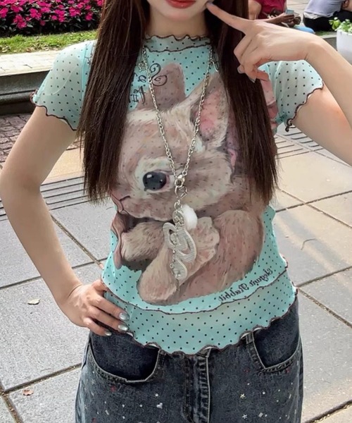 ViViDAY tシャツ 半袖 フロントウサギプリント ドット柄シアートップス