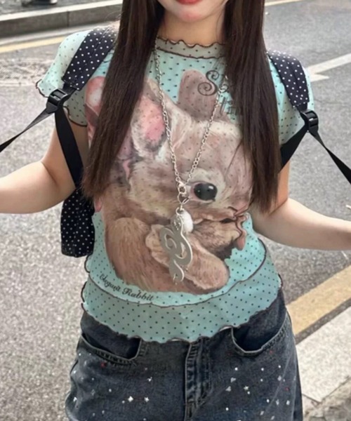 ViViDAY tシャツ 半袖 フロントウサギプリント ドット柄シアートップス