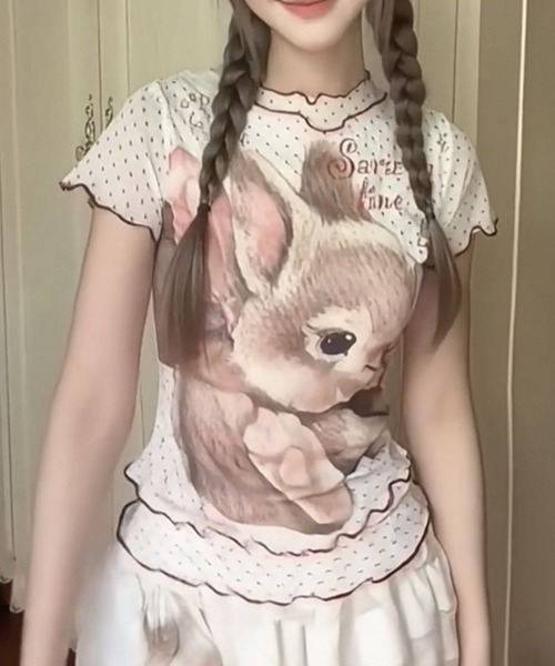ViViDAY tシャツ 半袖 フロントウサギプリント ドット柄シアートップス