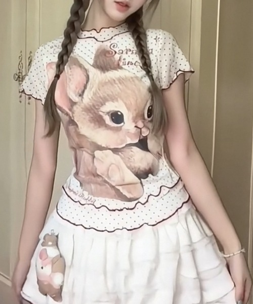 ViViDAY tシャツ 半袖 フロントウサギプリント ドット柄シアートップス