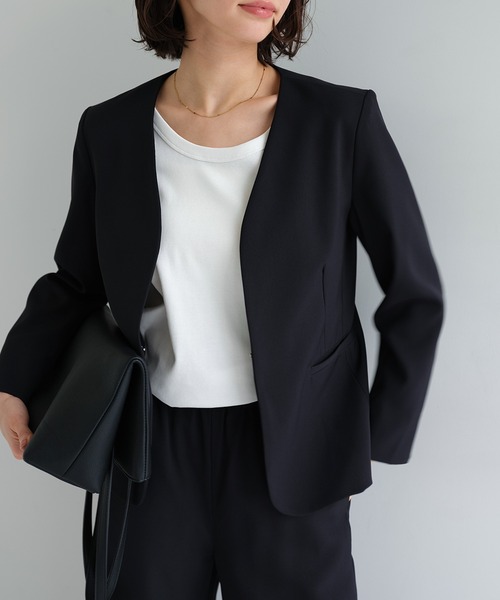 【新品未使用】evernavy ノーカラージャケット Lサイズ 完売商品 evernavy ノーカラージャケット L ダークネイビー レディース