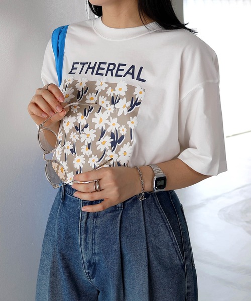 MOMENTEL フラワープリント 半袖Tシャツ ANME tシャツ フラワープリント半袖Tシャツ レディース メンズ