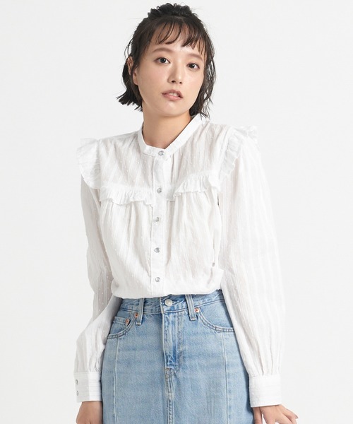 シャツ/ブラウス(長袖/七分) gingham mini frill blouse Frill Neck Gingham Blouse, Navy