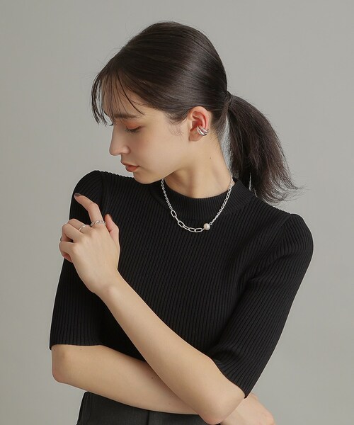 COCOSHNIK ネックレス (スマイルライン) シルバー ミックスチェーン ロングカーブ・ケーブル パール
