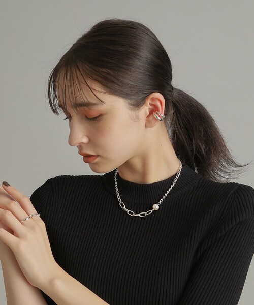 COCOSHNIK ネックレス (スマイルライン) シルバー ミックスチェーン ロングカーブ・ケーブル パール