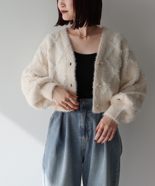 earth music&ecology カーディガン シャギーダイヤ柄ショート