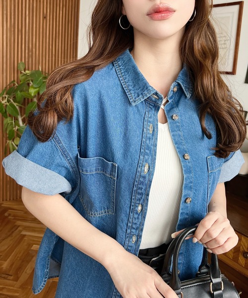 moment+ ブラウス シャツ Wポケット5分袖オーバーサイズライトオンス