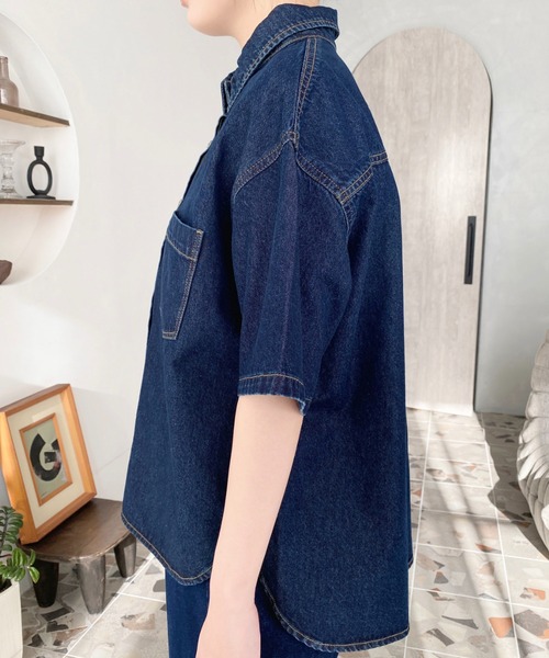 moment+ ブラウス シャツ Wポケット5分袖オーバーサイズライトオンス