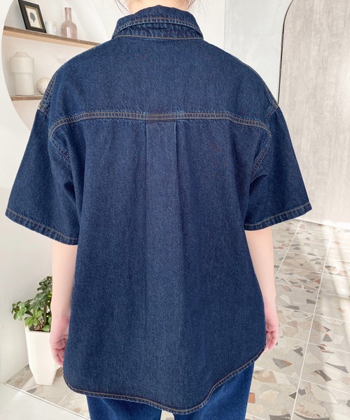 moment+ ブラウス シャツ Wポケット5分袖オーバーサイズライトオンス