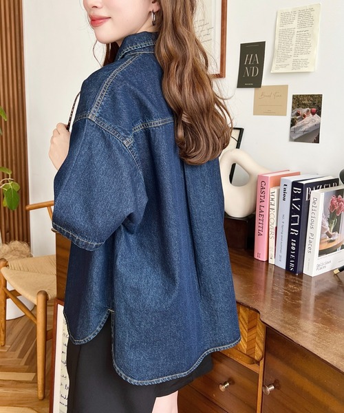 moment+ ブラウス シャツ Wポケット5分袖オーバーサイズライトオンス