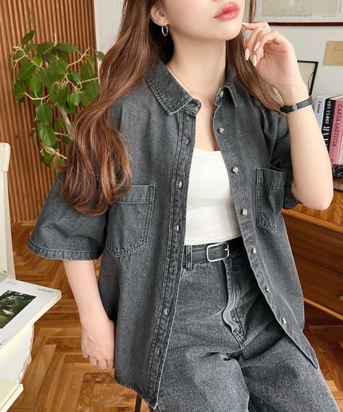 moment+ ブラウス シャツ Wポケット5分袖オーバーサイズライトオンス