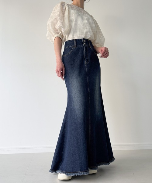 プリンテッド レース インディゴ デニム ワイド ラッフル デニム スカート プリンテッド レース インディゴ デニム ワイド ラッフル デニム スカート