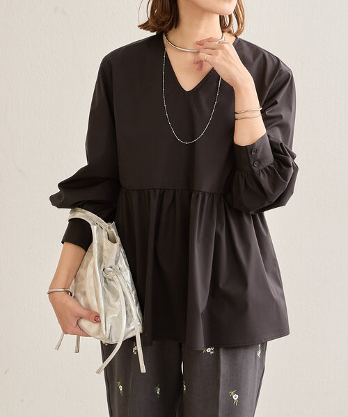 ブラウス シャツ 「ロングシーズン着れる」Vネックペプラムブラウス レディース