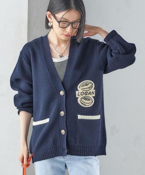 カーディガン 「SHIPS別注」LOGAN KNITTING MILLS: Vネック パッチ カーディガン レディース