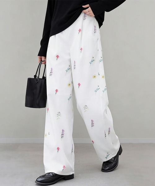 ワイドパンツ スラックス パンツ 花柄ワイドスラックス レディース