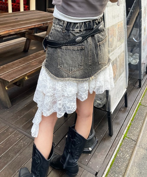 SPIRALGIRL新作新品 レースドッキングデニムスカート SPIRALGIRL デニムスカート レースドッキングデニムスカート