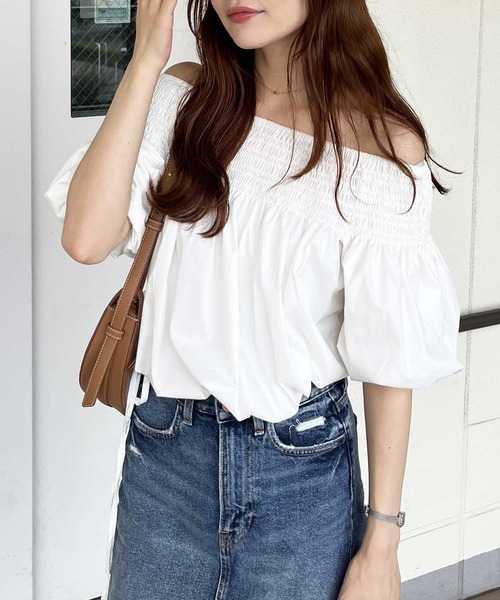 nelliy. ブラウス シャツ 半袖 オフショルドロストシャーリングシャツ