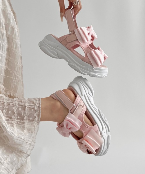 リボン付き厚底ピンクサンダル Shoes in Closet サンダル 軽量厚底 ボリュームソール ダブル