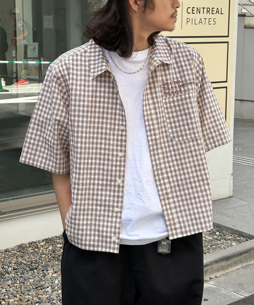 ブラウス シャツ ロゴ刺?ショートスリーブチェックシャツ レディース メンズ