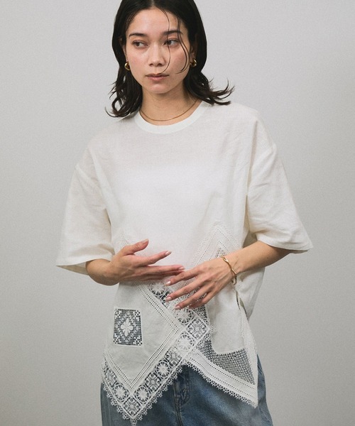 tシャツ ヘムクロスレースハーフスリーブプルオーバー レディース
