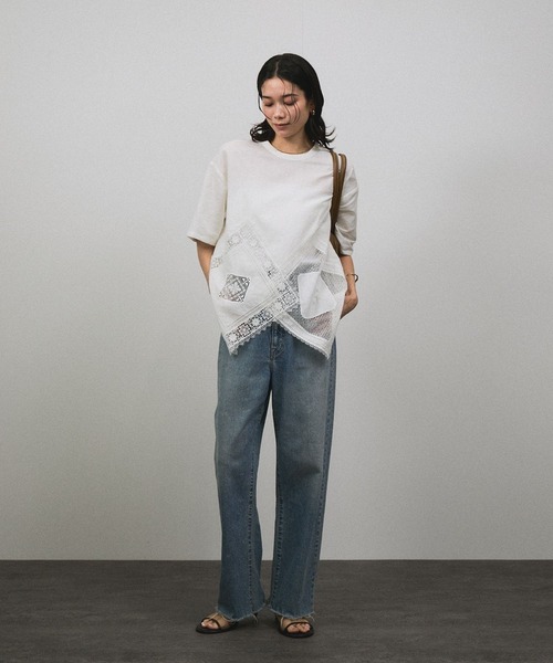 tシャツ ヘムクロスレースハーフスリーブプルオーバー レディース SALON adam et rope' tシャツ ヘムクロスレースハーフスリーブ