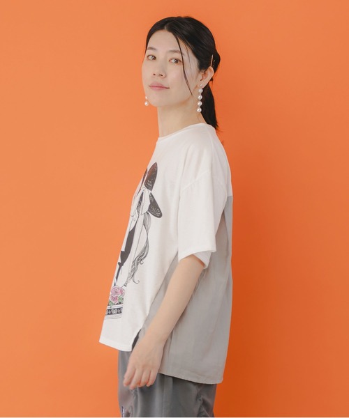 トップス SALE is ScoLar イズ スカラー 551233 女性とコスメプリント 異素材切替プルオーバー カジュアル フェミニン ガーリー 原宿系 個性的 ポイント iS ScoLar tシャツ 551233：女性とコスメプリント 異素材切替