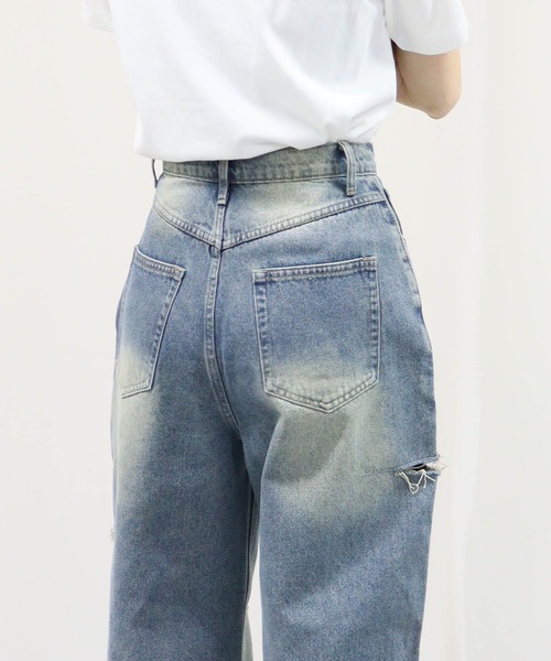 ジーンズ デニム デニムパンツ ダメージカットワイドデニム