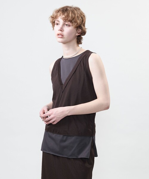 tシャツ 「ASTRAET」テンジクxシフォン レイヤード ノースリーブカットソー レディース