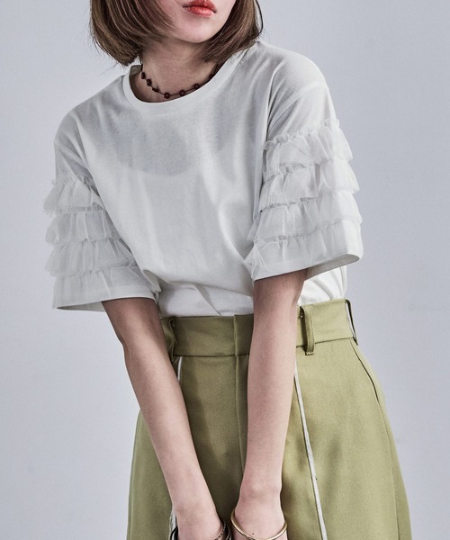 Fashion Letter tシャツ ティアードフリル袖 ブラウスTシャツ